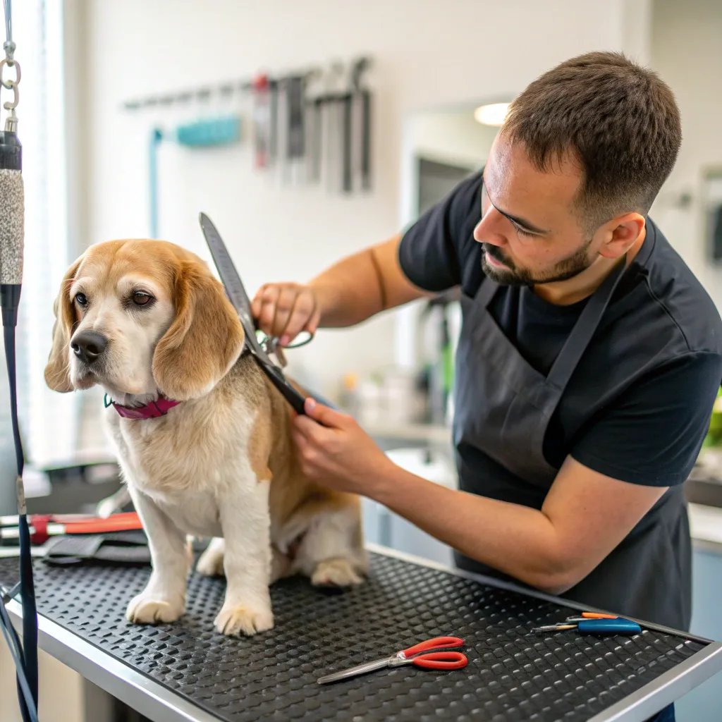 A groomer carefully cutting a dog's fur