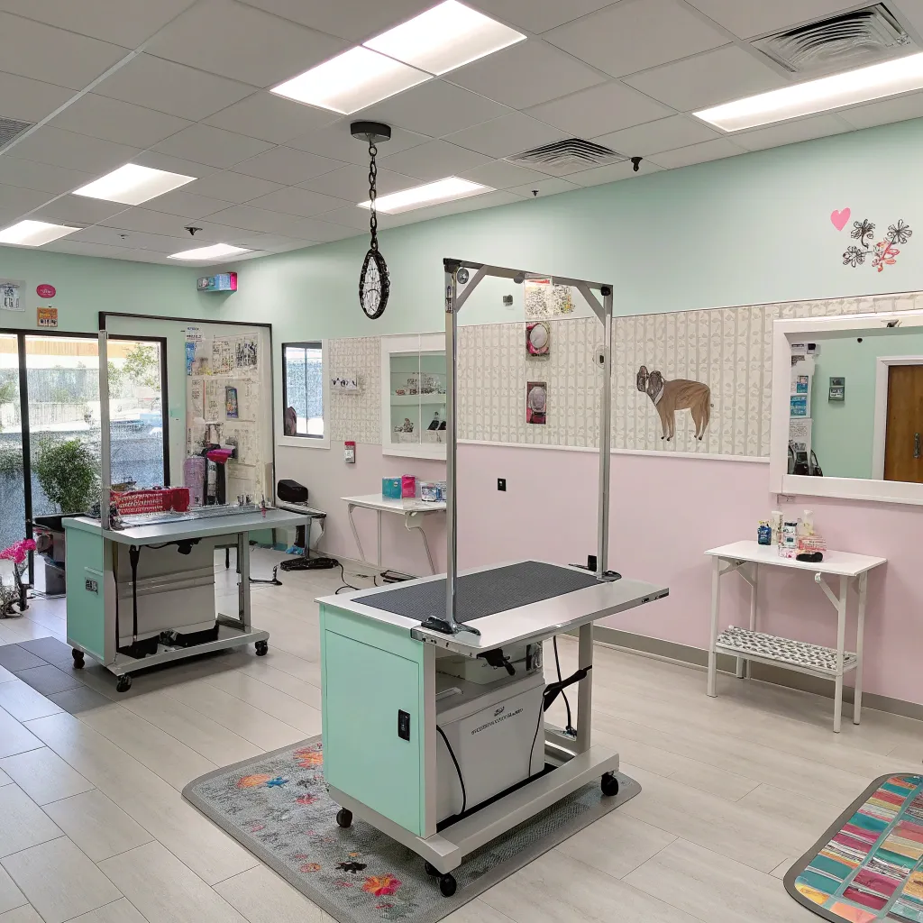 Interior view of LURETHOS Pet Salon with grooming tables and pet-friendly décor